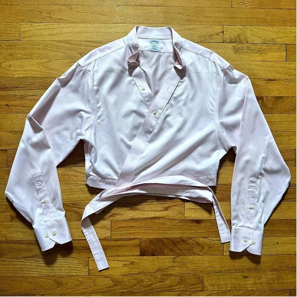 Upcycled Brooks Brothers Blouse Women's Size Large Pink Collared Wrap Balletcore